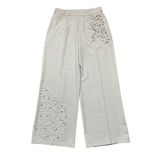 Pearl Embellished Wide Leg Trousers Ivory Dress Pants Elegant Statement Pants